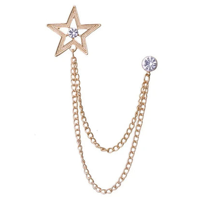 New Crystal Pentagram Brooch Pin Fashion Tassel Chains Suit Shirt Badge Collar Lapel Pin for Men and Women Jewelry Gifts