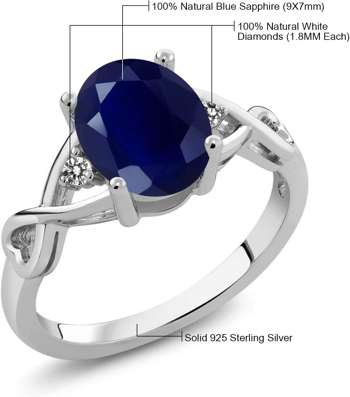 2.56 Cttw Blue Sapphire and White Diamond Engagement Ring for Women | 925 Sterling Silver | Gemstone Birthstone | Available in Size 5, 6, 7, 8, 9