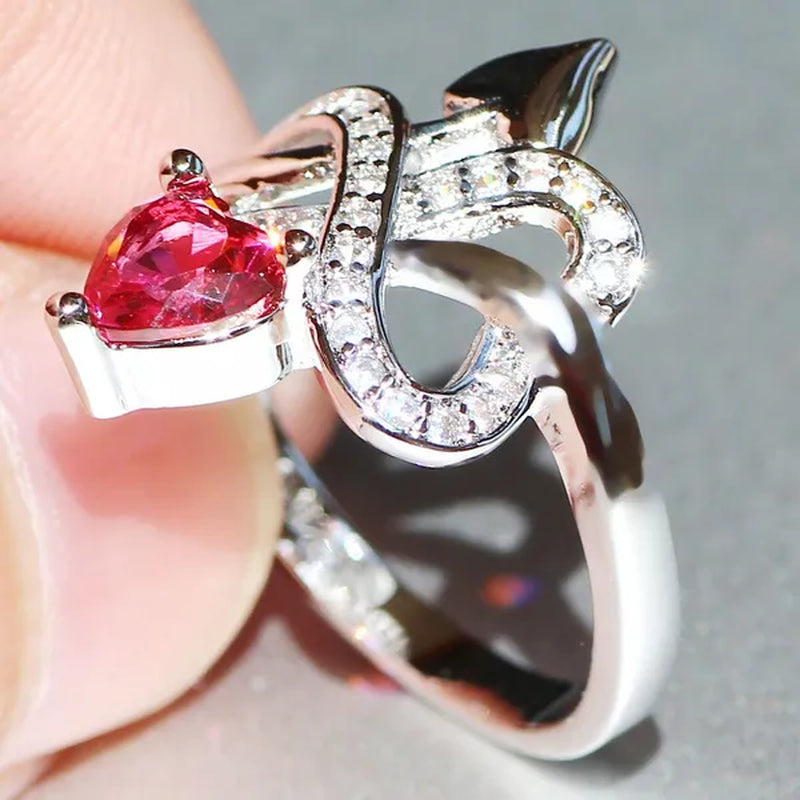 Eros Ring Silver Natural Gemstones White Sapphire & Ruby Wedding Birthstone Bride Engagement Multilevel Heart Cross Ring Jewelry Size 6 7 8 9 10