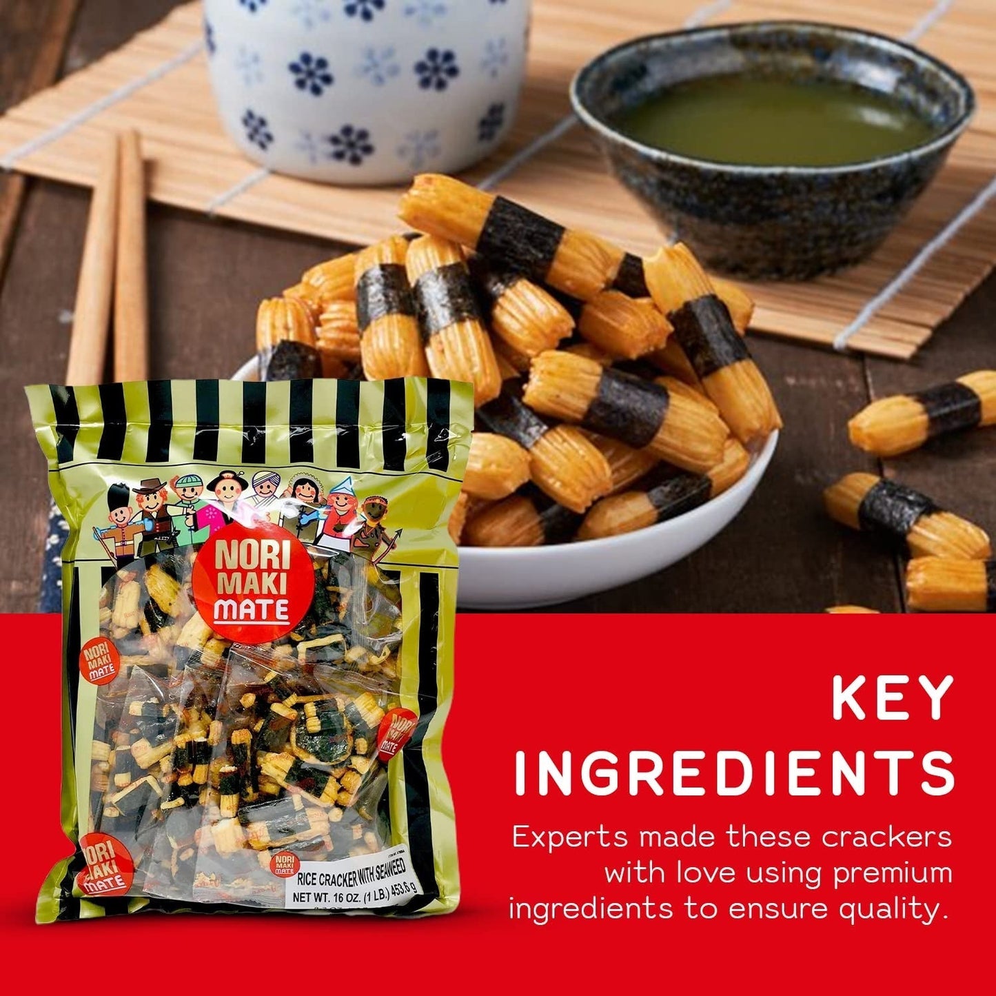 Norimaki Arare Mate - Crispy Japanese Rice Cracker | Glutinous Rice, Soy Sauce and Seaweed | Low Carb Rice Cracker Snacks, Seaweed Flavor 16 Oz - (Pack of 1)