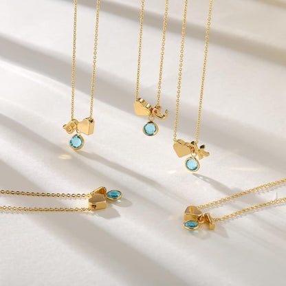 Initial Birthstone Necklace for Women, 14K Gold Plated Heart Initial Necklace Birthstone Necklace Heart Initial Birthstone Pendant Necklace Family Birthstone Necklace Birthday Gifts for Women