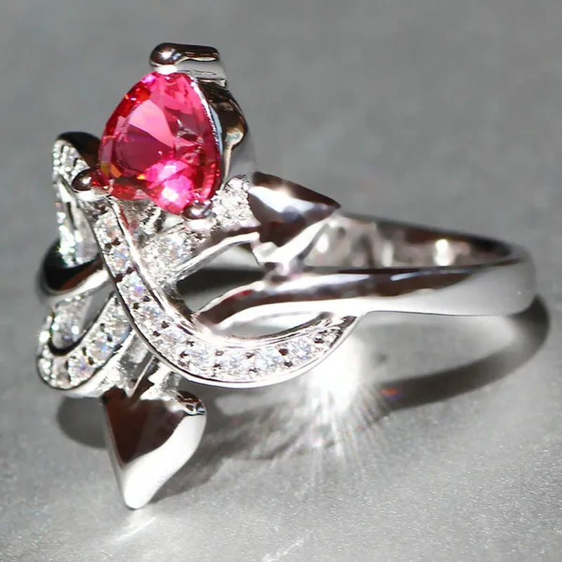 Eros Ring Silver Natural Gemstones White Sapphire & Ruby Wedding Birthstone Bride Engagement Multilevel Heart Cross Ring Jewelry Size 6 7 8 9 10