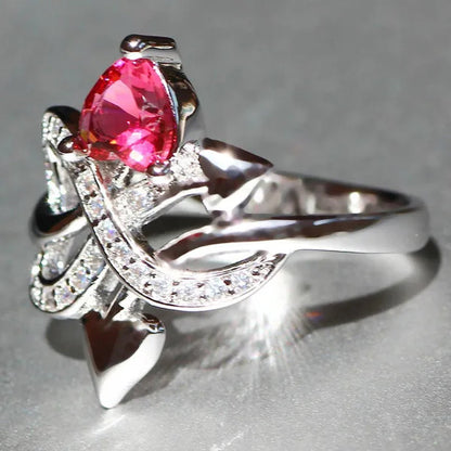Eros Ring Silver Natural Gemstones White Sapphire & Ruby Wedding Birthstone Bride Engagement Multilevel Heart Cross Ring Jewelry Size 6 7 8 9 10