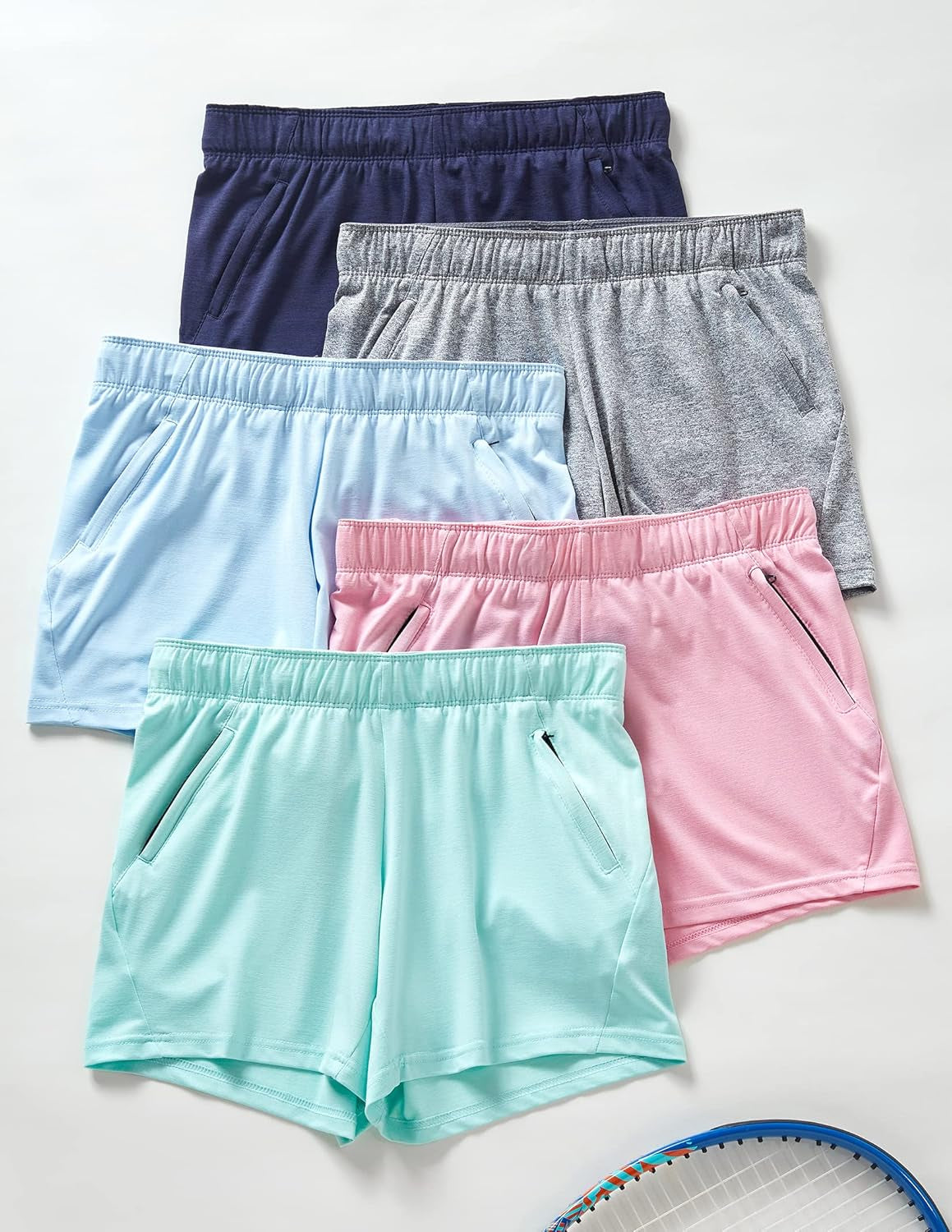 5 Pack: Womens Workout Gym Shorts Casual Lounge Set, Ladies Active Athletic Apparel with Zipper Pockets - WORLD TIME VISITS