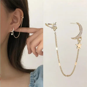 New Simple Moon Star Rhinestone Long Chain Earrings Shining Sun Crescent Geometric Tassel Piercing Earrings Ear Bone Clip Jewelry