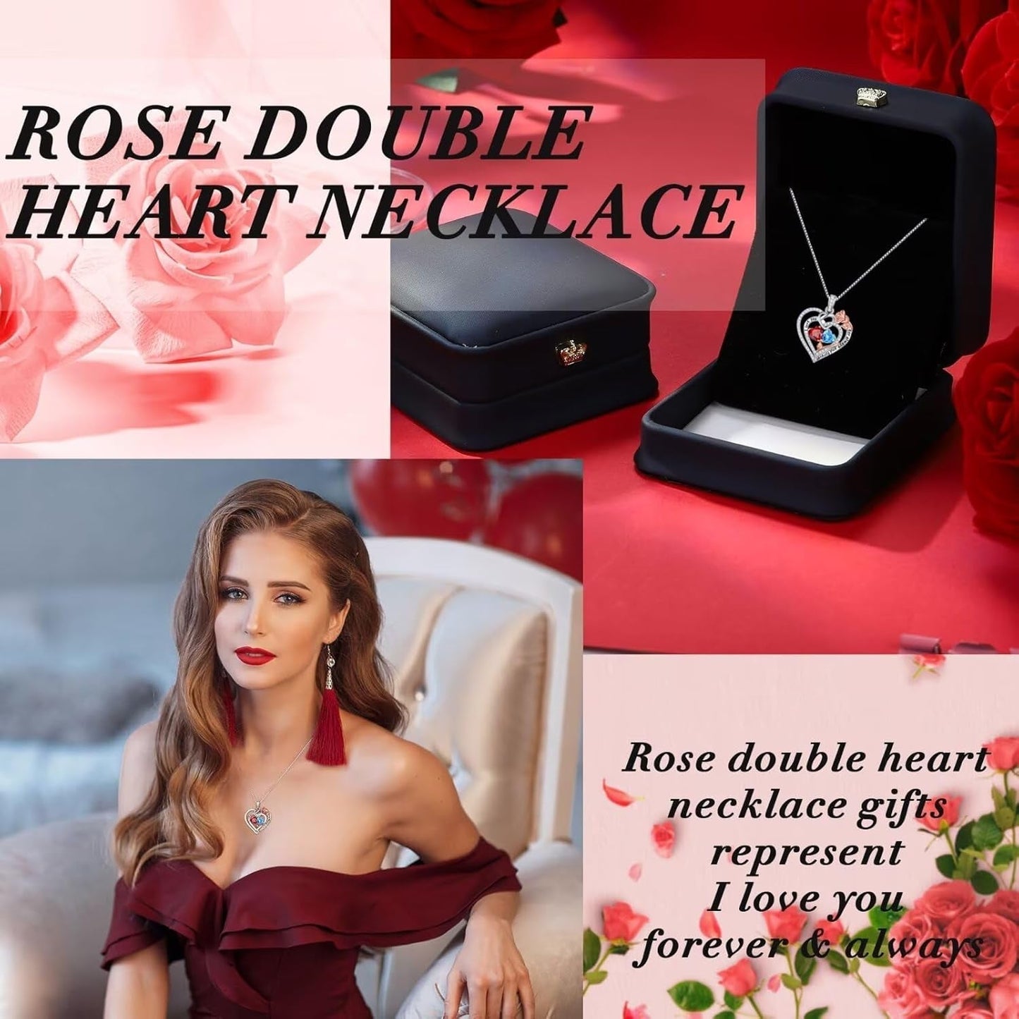 Rose Heart Necklace Gifts for Wife Women - 925 Sterling Silver Double Birthstone Necklace, Anniversary Birthday Gifts for Women, Jewelry Gifts for Wife Girlfriend Mom Her