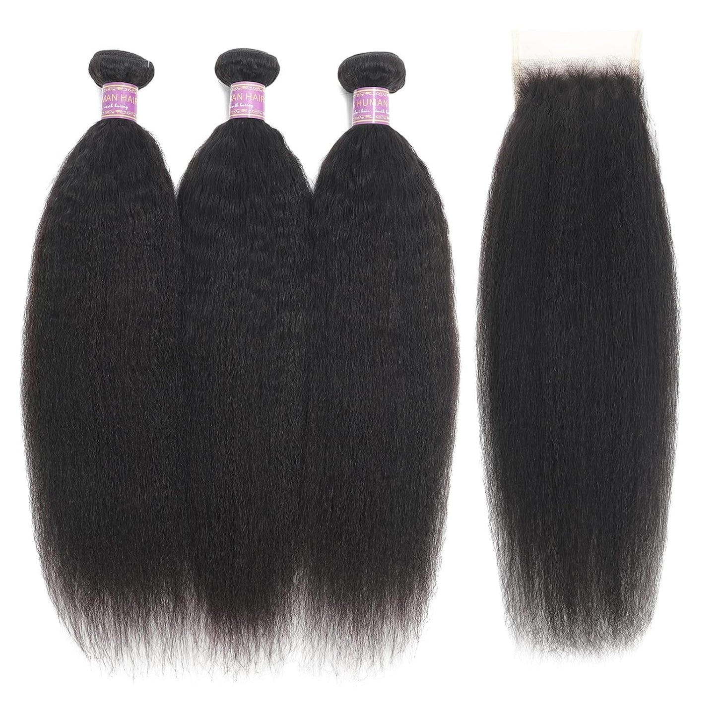 Kinky Straight Human Hair 3 Bundles with 4X4 Lace Closure Free Part 100% Unprocessed Brazilian Remy Yaki Straight Human Hair Extensions with Closure,Natural Black (12 12 12+10Closure)