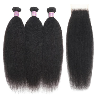 Kinky Straight Human Hair 3 Bundles with 4X4 Lace Closure Free Part 100% Unprocessed Brazilian Remy Yaki Straight Human Hair Extensions with Closure,Natural Black (12 12 12+10Closure)