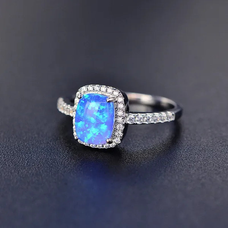 Cushion Cut Opal & CZ 925 Sterling Silver Engagement Wedding Ring for Women Girl Size 5-11
