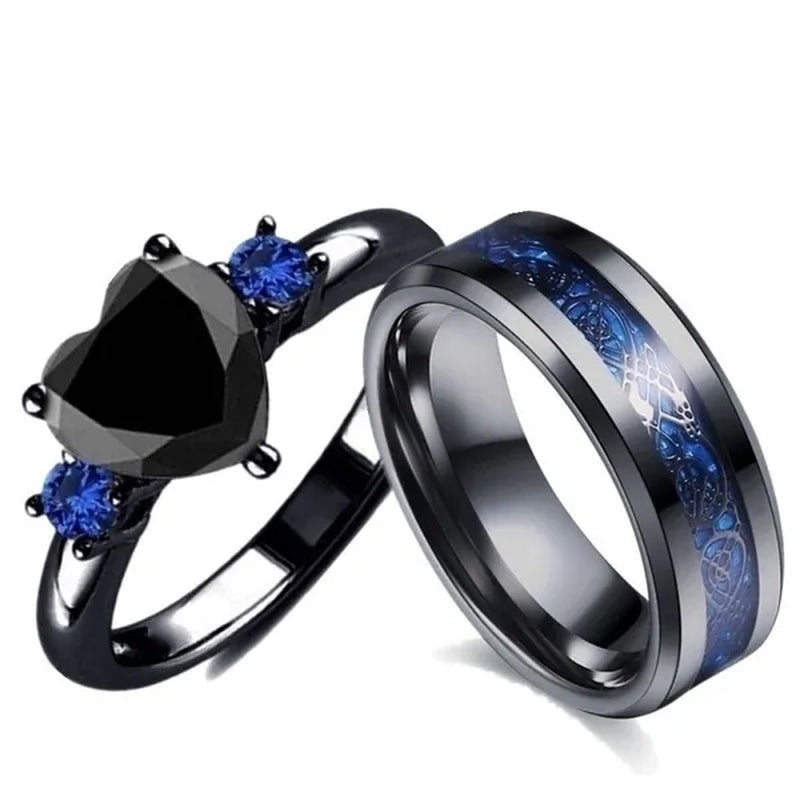 Rings Charm Couple Ring Stainless Steel Men's Ring Blue Color Sapphire Women's Wedding Ring Sets