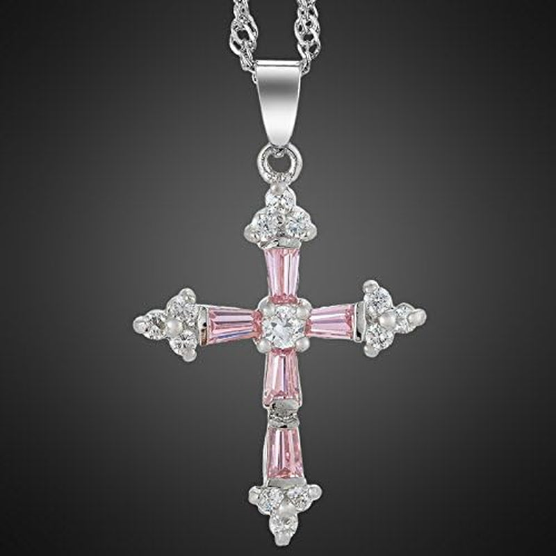Cross Pendant with 18" Chain & Trapezoid round Cut CZ [Multi-Color] in White Gold Plated, Simple Modern Elegant