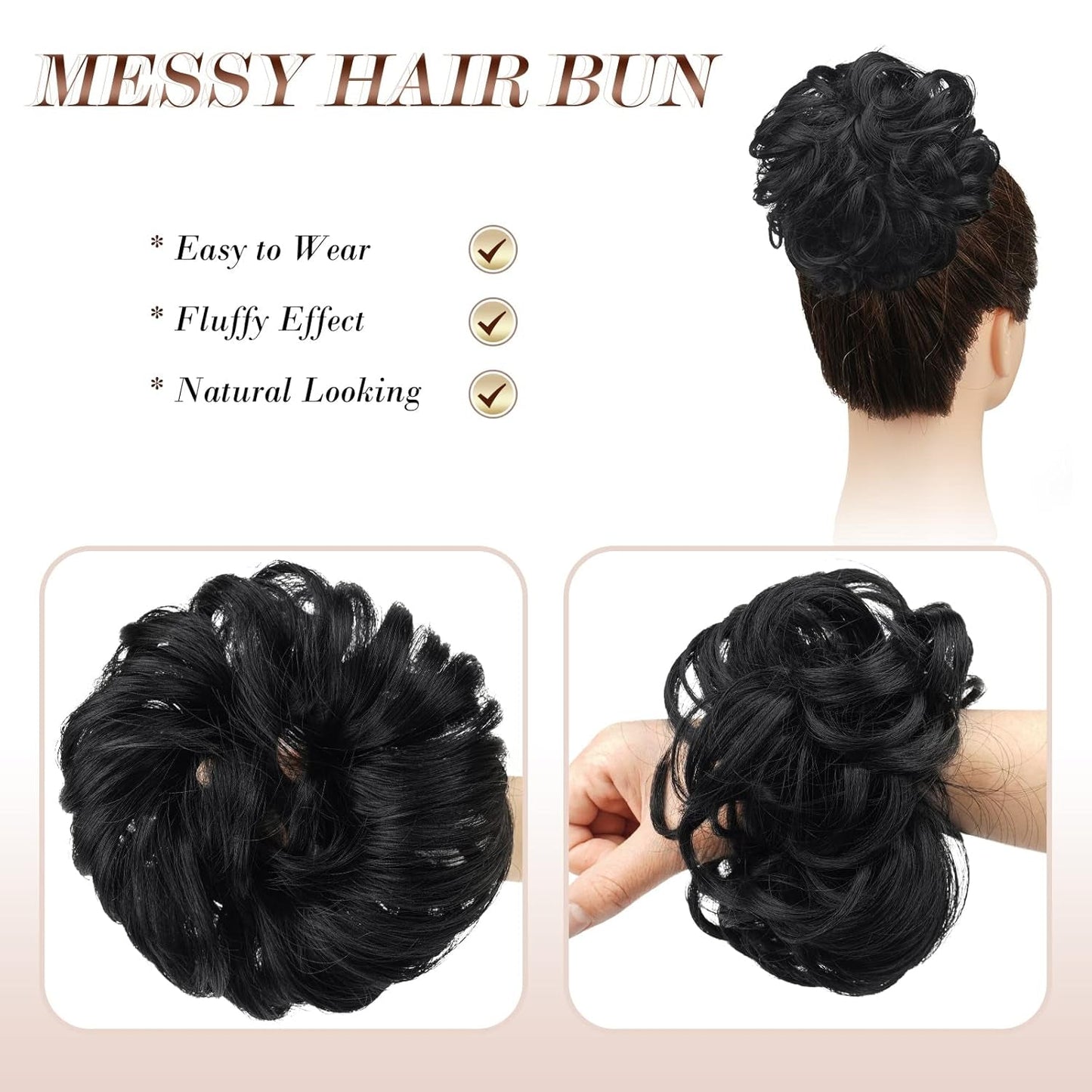 Messy Bun Hair Piece - Elastic Wavy Curly Hair Bun Scrunchies Extensions Synthetic Chignon Hairpieces for Women Girls, Black 1 PCS