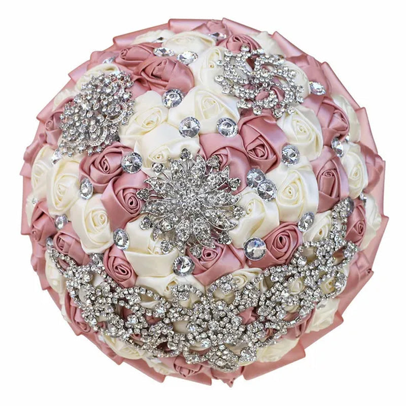 21CM Creative Handmade Diamond Flower Brooch Bouquet Ribbon Silk Rose Wedding Flower Bridal Bouquet Bridesmaid Holding Flowers