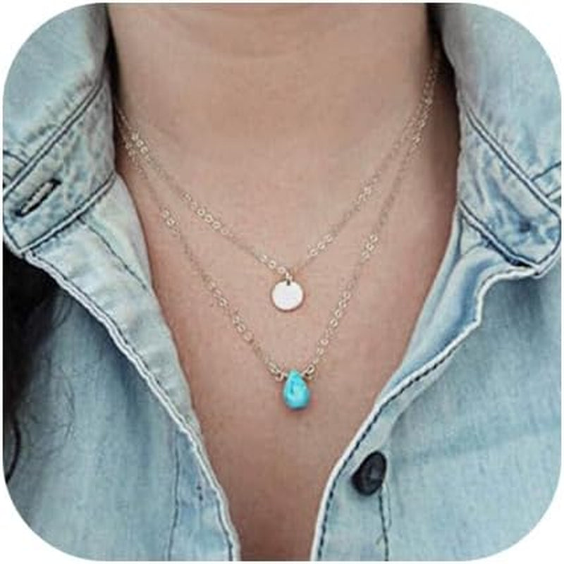 Blue Turquoise Necklaces Multilayerd Sequin Pendant Necklace Chain Jewelry for Women - WORLD TIME VISITS