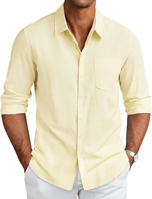 Men'S Long Sleeve Button down Shirts Casual Cotton Linen Shirts Summer Beach Shirt with Pocket
