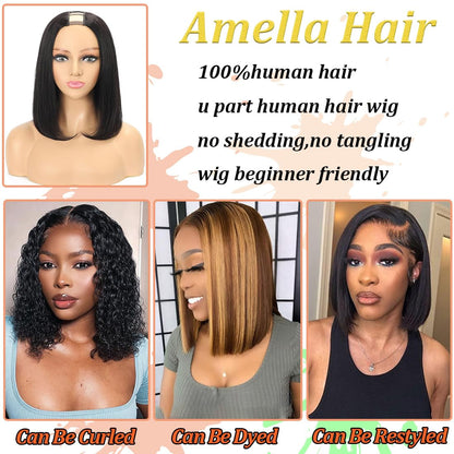 Hair 8Inch U Part Bob Wig Human Hair Short Straight U Part Human Hair Wig Glueless Full Head Clip in Half Wig U Shape Wig 150% Density Bob Straight Human Hair Wig
