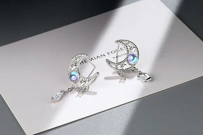 925 Sterling Silver Hollow Moon Zircon Tassel Dangle Earring Elegant Colorful Moonstone Earring for Women Jewelry