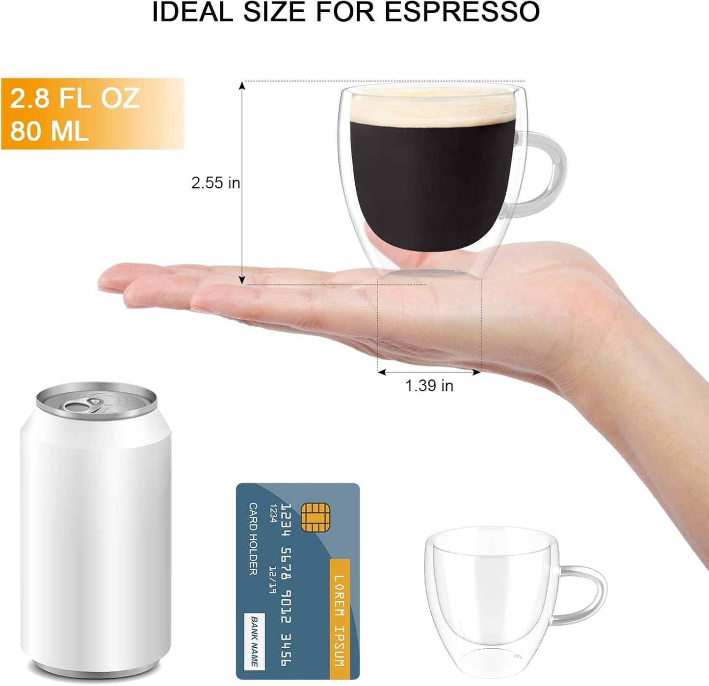 Espresso Cups 2.8 OZ - Double Walled Glass Espresso Cups Set of 4, Thermo Insulated Shot Glasses with Handle