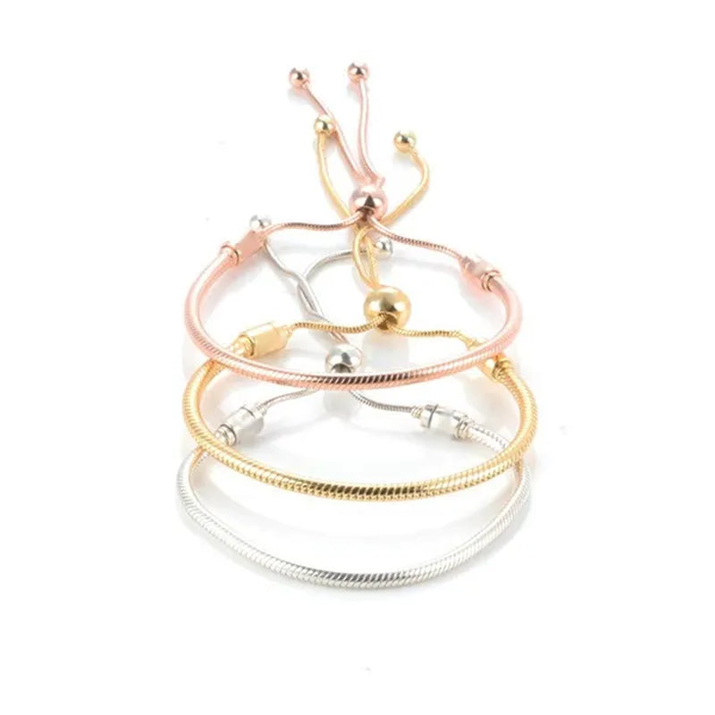 NEW Fashion 925 Sterling Silver Adjustable Size Flashing sided Heart Snake Chain Bracelet For European Bangle Bracelet Jewelery Making DIY