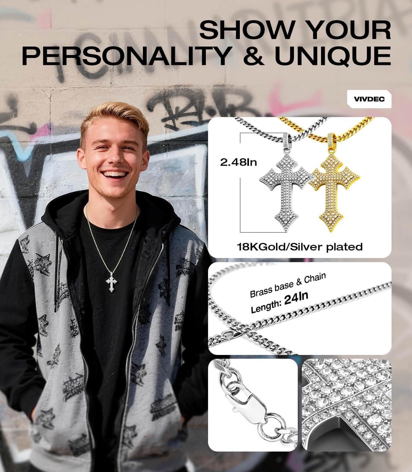 Cross Necklace for Men, Diamond Necklace Iced Out Bling Pendant Cross Pendant with 24-Inch Miami Cuban Link Chain（14K Gold Plated/Silver）