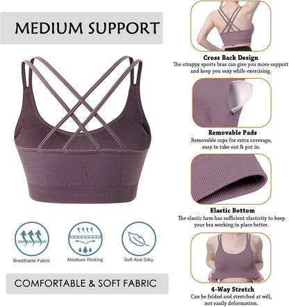 Cross Back Sports Bra for Women Padded Strappy Yoga Bra Medium Support Workout Bra for Athletic Gym Fitness 3 Pack