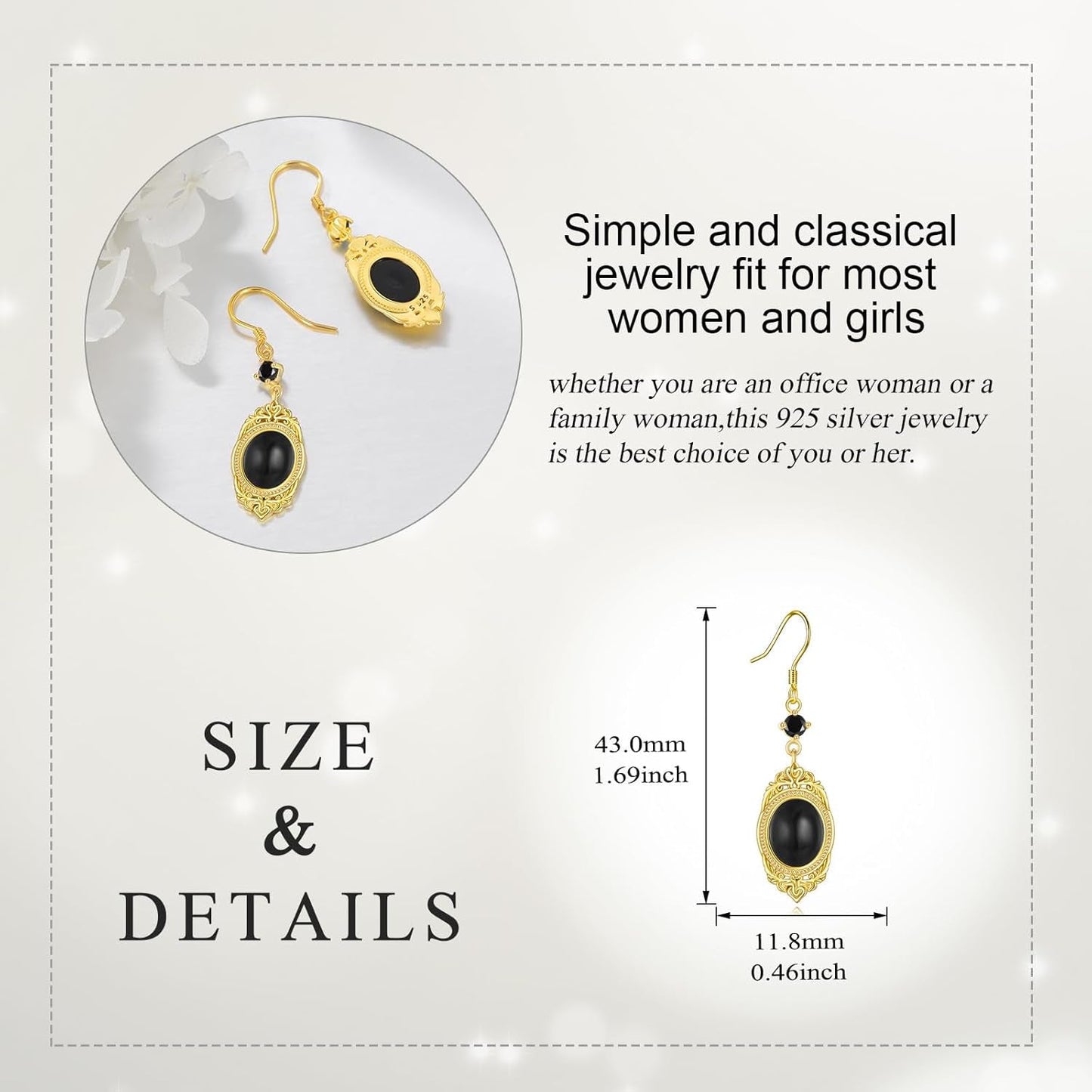 Black Onyx Earrings Sterling Silver Onyx Dangle Earrings Victorian Earrings Vintage Retro Style Earrings Onyx Jewelry Gifts for Women Girls