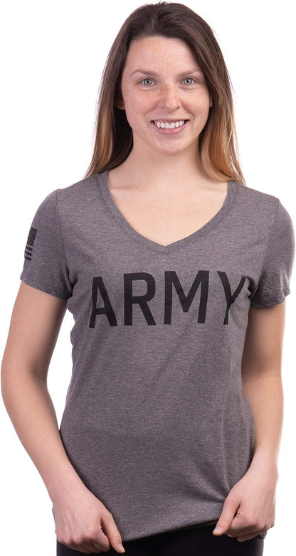 Army Women'S V-Neck | U.S. Military Infantry Sleeve Flag Female Soldier T-Shirt Wife Mom Top
