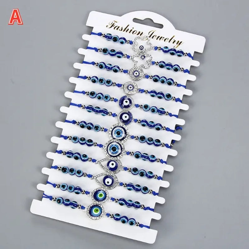 12 Pcs/Set Bohemian Handmade Braided Rope Charm Bracelets Rhinestone Blue Round Beads Evil Eye Bracelet  for Women Men Friendship Jewelry Gifts