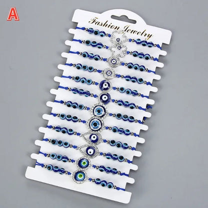 12 Pcs/Set Bohemian Handmade Braided Rope Charm Bracelets Rhinestone Blue Round Beads Evil Eye Bracelet  for Women Men Friendship Jewelry Gifts