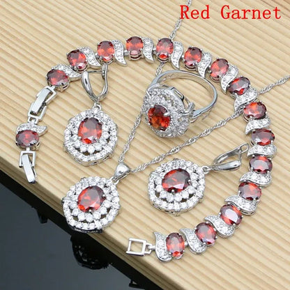 Oval 925 Silver Party Jewelry Sets blue sapphire White CZ Earrings Pendant Necklace Rings Bracelet Gift For Women