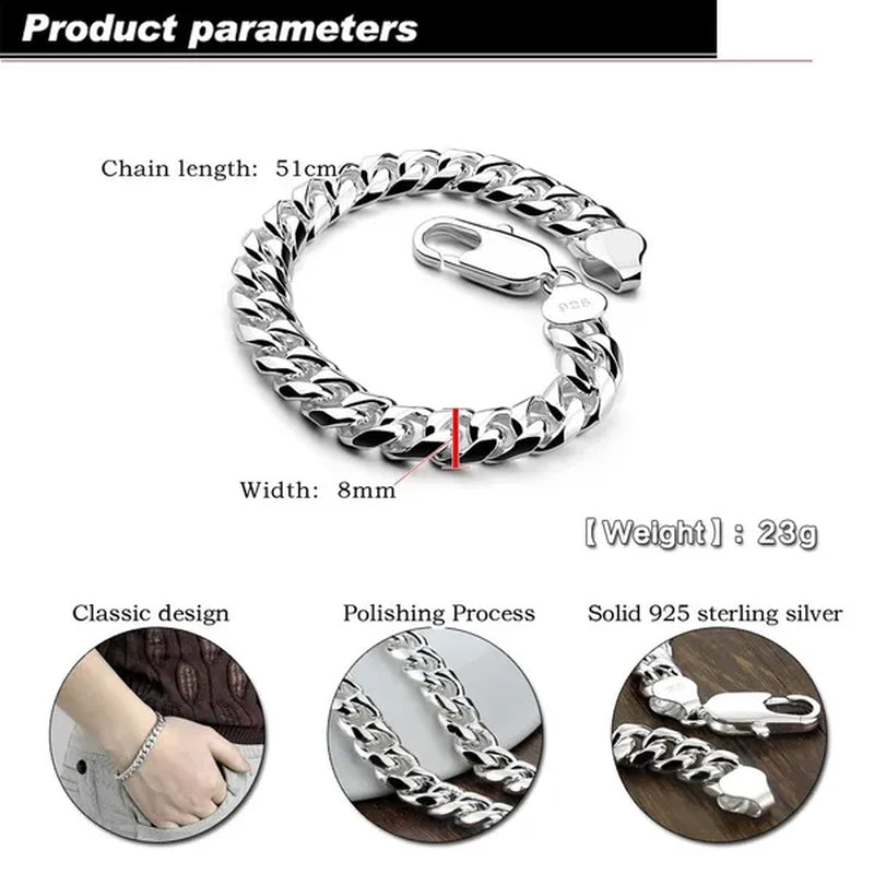 Men's 925 Sterling Silver Bracelet 10MM Classic Original Silver Cuban Chain Solid Silver Bracelet Rapper 2020 New 925 Sterling Silver Fashion Bracelet