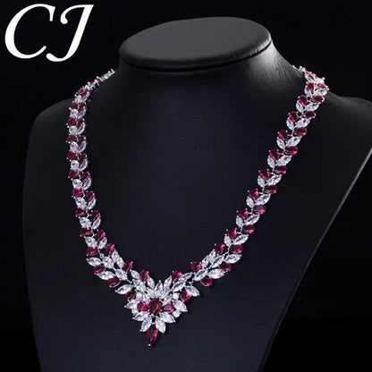 CANDICE White Gold Plated Marquise Red Zirconia Stone Necklace Earrings Sets for Wedding Luxury Party CZ Jewelry Set