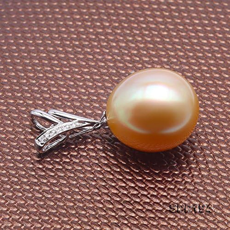 18K Gold Pendant 13X14Mm Oval Golden South Sea Cultured Pearl Pendant Necklace Dotted with Diamonds for Women