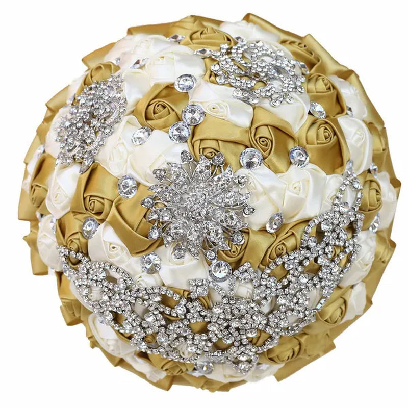 21CM Creative Handmade Diamond Flower Brooch Bouquet Ribbon Silk Rose Wedding Flower Bridal Bouquet Bridesmaid Holding Flowers - WORLD TIME VISITS