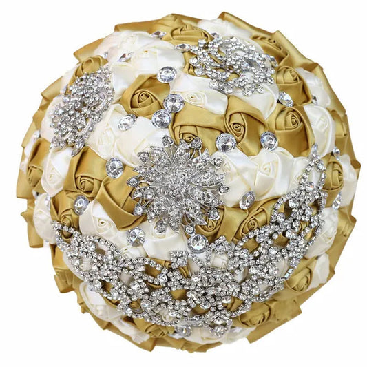 21CM Creative Handmade Diamond Flower Brooch Bouquet Ribbon Silk Rose Wedding Flower Bridal Bouquet Bridesmaid Holding Flowers - WORLD TIME VISITS