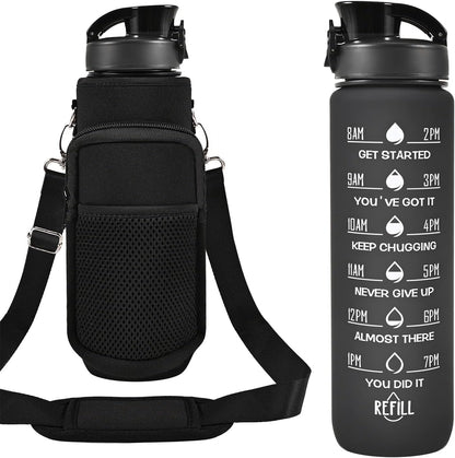 32 Oz Water Bottles with Straw & Strap, Motivational Water Bottles with Times to Drink, BPA Free Reusable Sports Water Bottle with Sleeve Carrier for Hiking, Travel, Running or Fitness