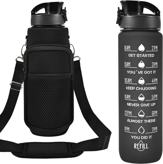 32 Oz Water Bottles with Straw & Strap, Motivational Water Bottles with Times to Drink, BPA Free Reusable Sports Water Bottle with Sleeve Carrier for Hiking, Travel, Running or Fitness