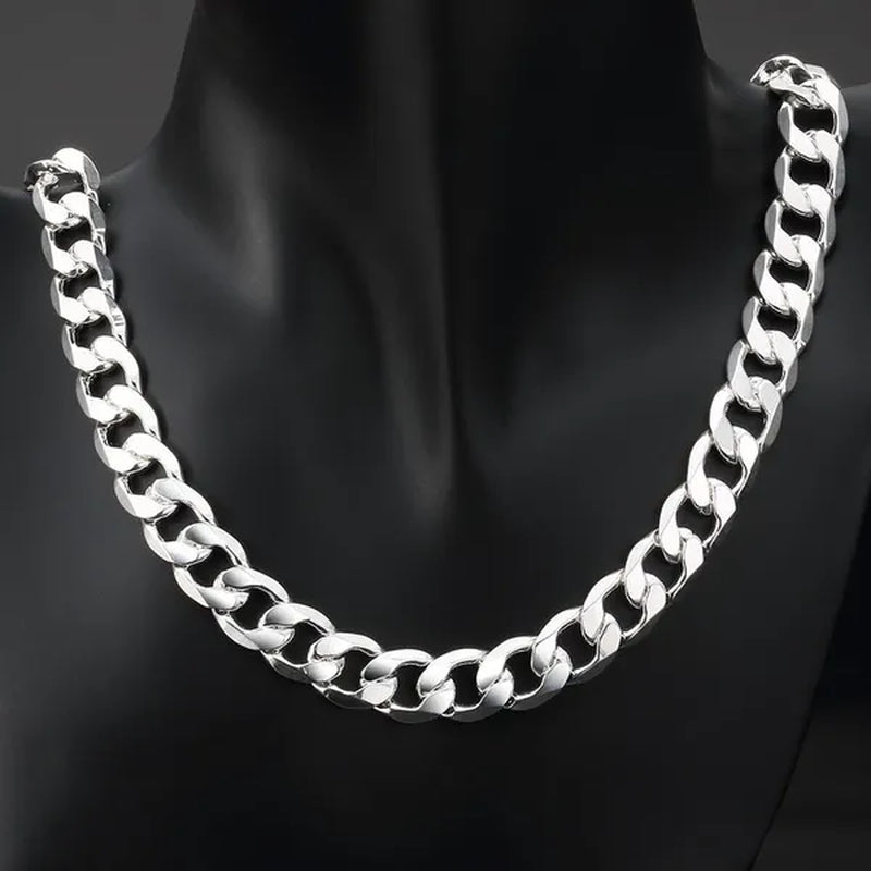 2PCS (Bracelet + Necklace) 925 Sterling Silver Smooth Flat Sideways Chain Necklace Fashion Luxury Exaggerated 16"-30" Fashion Exquisite Jewelry Sets for Women and Men
