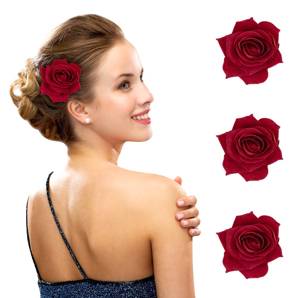 2.75" Rose Hair Clip Flower Hairpin Rose Brooch Floral Clips for Woman Girl Party Wedding Pack of 3