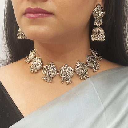 Boho Vintage Antique Ethnic Gypsy Tribal Indian Silver Oxidized Pendant Chain Statement Necklace Jewelry