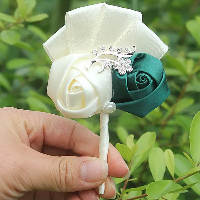 Handmade 8Piece/Lot Colorful Silk Rose Wedding Corsages Boutonniere Groom Diamond Wedding Flowers Boutonniere Brooch Flower