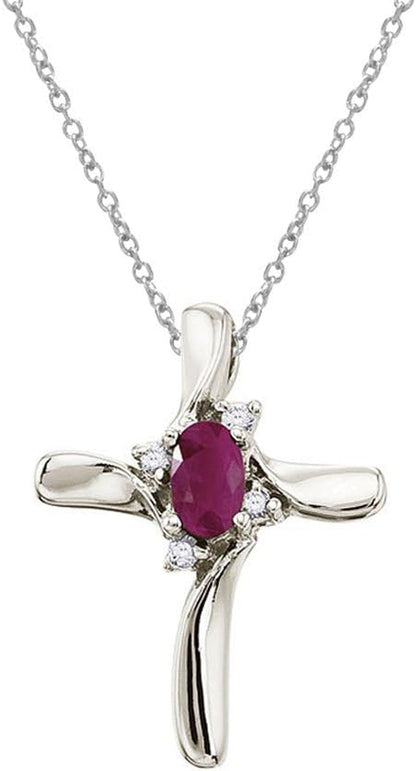 10K White Gold Ruby and Diamond Cross Pendant with 18" Chain