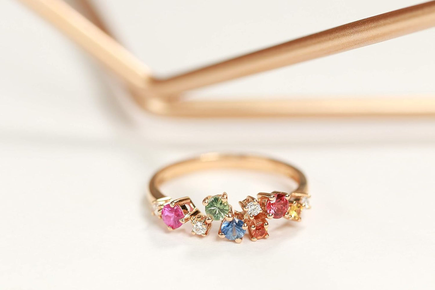10K Yellow Gold Multi Sapphire, Ruby and Tsavorite Ring with Diamonds for Women | Ethically, Authentically & Organically Sourced (Round-Cut) Shaped Sapphire Hand-Crafted Jewelry for Her | Sapphire Ring for Women