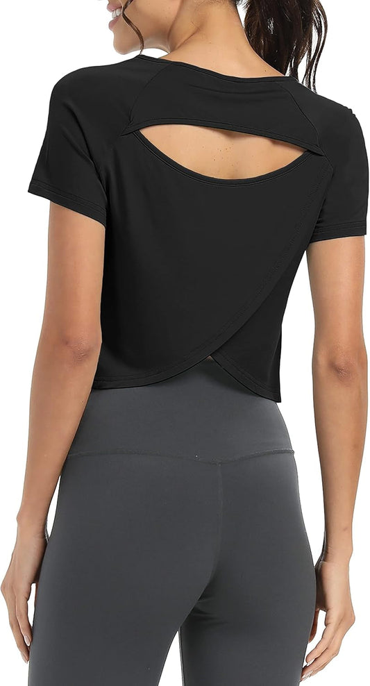 Women Short Sleeve Cross Back Workout Crop Tops Backless Yoga Athletic Gym Shirts - WORLD TIME VISITS