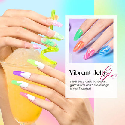 Beetles Summer Neon Gel Nail Polish Set, 6 Colors Jelly Crystal Gel Nail Polish Neon Blue Purple Rainbow Yellow Green Orange Nail Gel Uv LED Dryer Cured Summer Nail Trend Gel Nail Art Gifts for Women