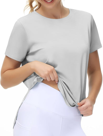Women'S Workout T-Shirts Loose Fit Short Sleeve Cotton Running Basic Tee Tops with Split Hem