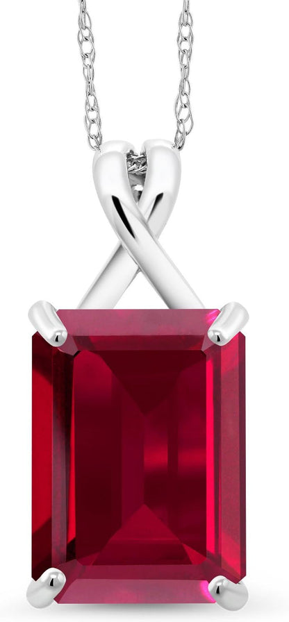 10K White Gold Emerald Cut 14X10MM Gemstone Birthstone Pendant Necklace for Women with 18 Inch 10K White Gold Chain