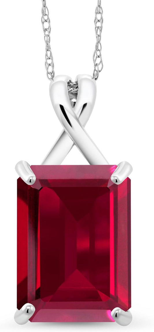 10K White Gold Emerald Cut 14X10MM Gemstone Birthstone Pendant Necklace for Women with 18 Inch 10K White Gold Chain