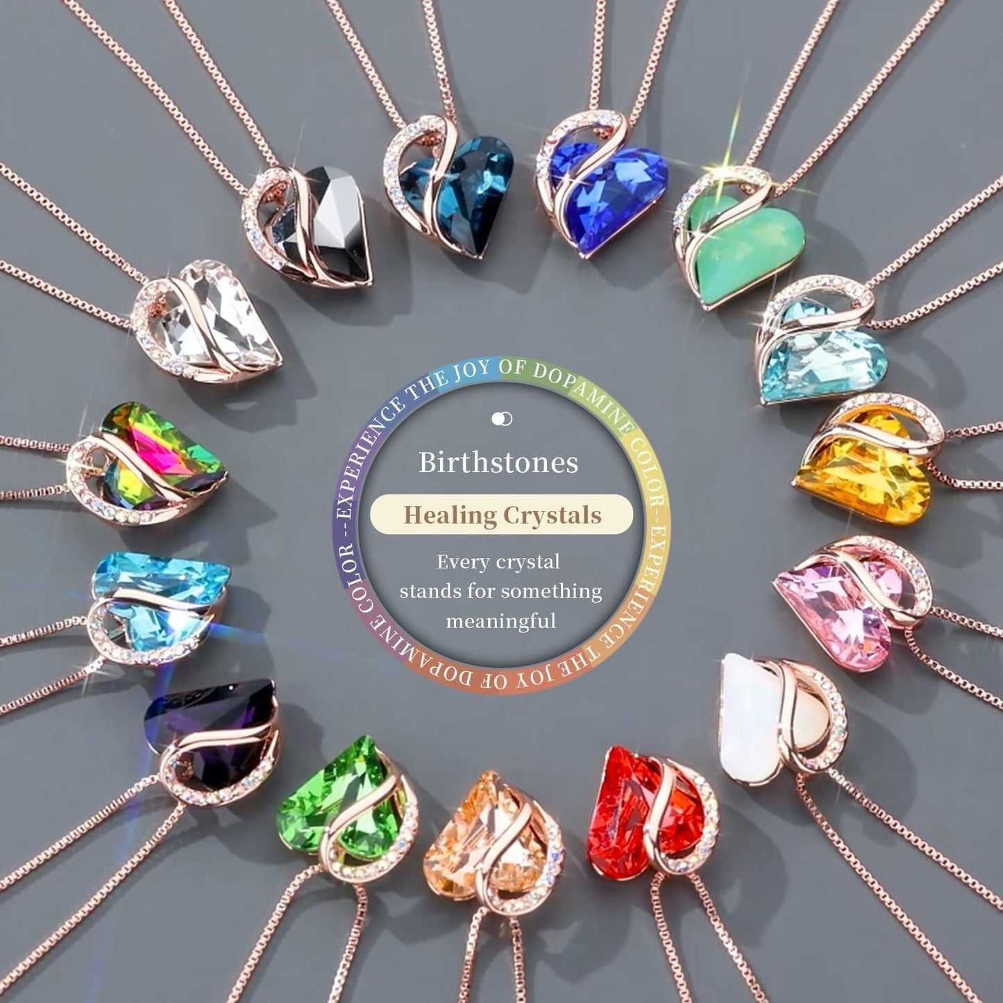 Rose Gold Plated Necklace for Women: Heart Shaped Birthstone/Healing Crystals Center, Dazzling Cubic Zirconia, Hypoallergenic Chain (18"+2"), Jewelry Gifts for Anniversaries and Birthdays