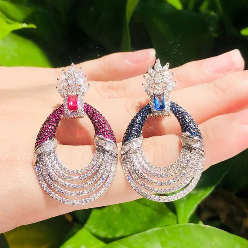 CANDICE Luxury Jewelry Setting Blue Cubic Zircon Silver Plated Statement Trendy Hollow Carved Earrings for Women Brincos